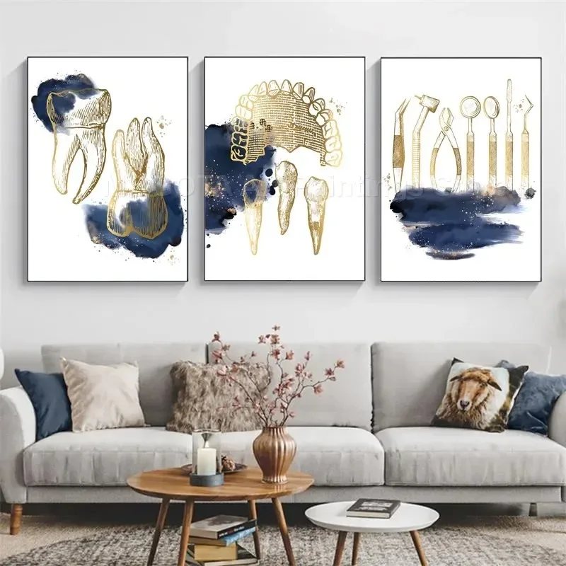 Navy Blue Medical Teeth Spine Skeleton Prints Wall Art Canvas Painting Anatomy Office Posters Pictures For Dentist Clinic Decor