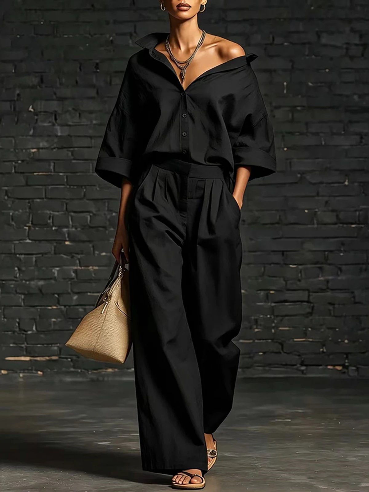 Damen-Set aus Kunstleinen: Elegantes, übergroßes Hemd mit 3/4-Ärmeln und lässige Bluse mit weitem Bein – Alltags-Set – Detail 4