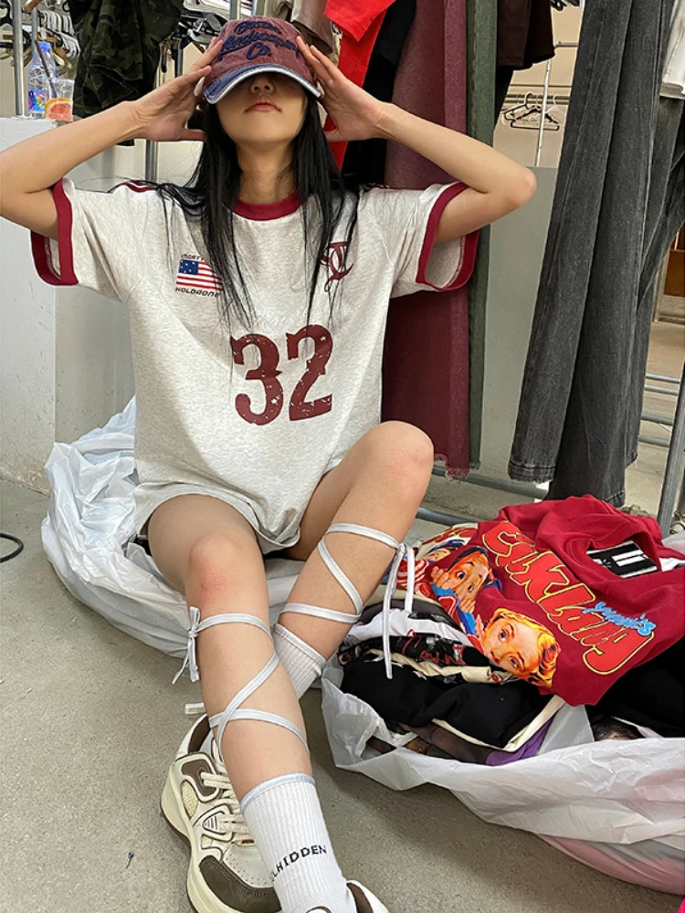 ADAgirl Sporty Oversized T Shirt Women Streetwear Basketball Short Sleeve Tees Y2k Print Cotton Tops Harajuku Aesthetic Clothes