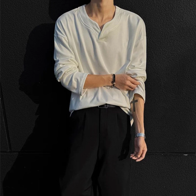 Spring V Neck Men Long Sleeve Sweatshirts Fashion Simple Chic All-match Oversized Clothing Daily Inside Basics Black White Grey