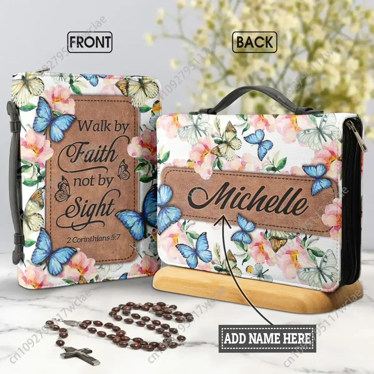 Tas Alkitab dengan Pegangan, Cetakan Ayat Alkitab, Kulit PU, untuk Wanita, Perlindungan Buku Suci, Berjalan dengan Iman Bukan dengan Pandangan