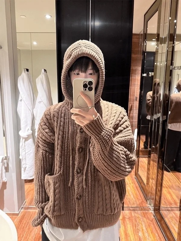 

Men's Brown Hat Knitted Sweater Heavyweight Open Cardigan Sweater Autumn Early Season Sle Korean Version Ciwalk Casual Wear