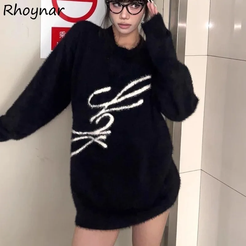 

Пуловеры женские в американском стиле ретро, свободные топы, вязаный свитер, универсальный для отдыха, High Street, ленивый стиль, колледж, крутой шик