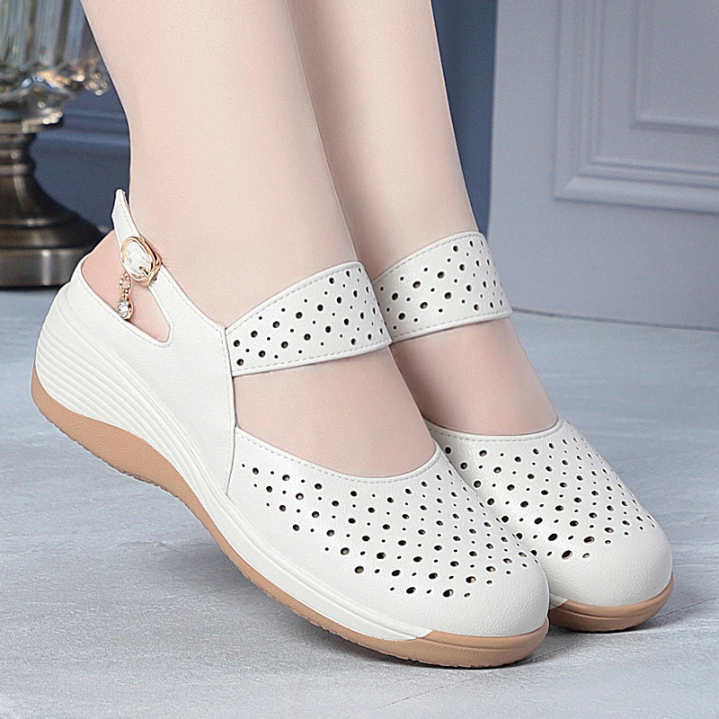 

White Perforated Wedge Sandals Mary Jane Style With Adjustable Buckle Strap And Rhinestone Detail Breathable Casual Comfortable