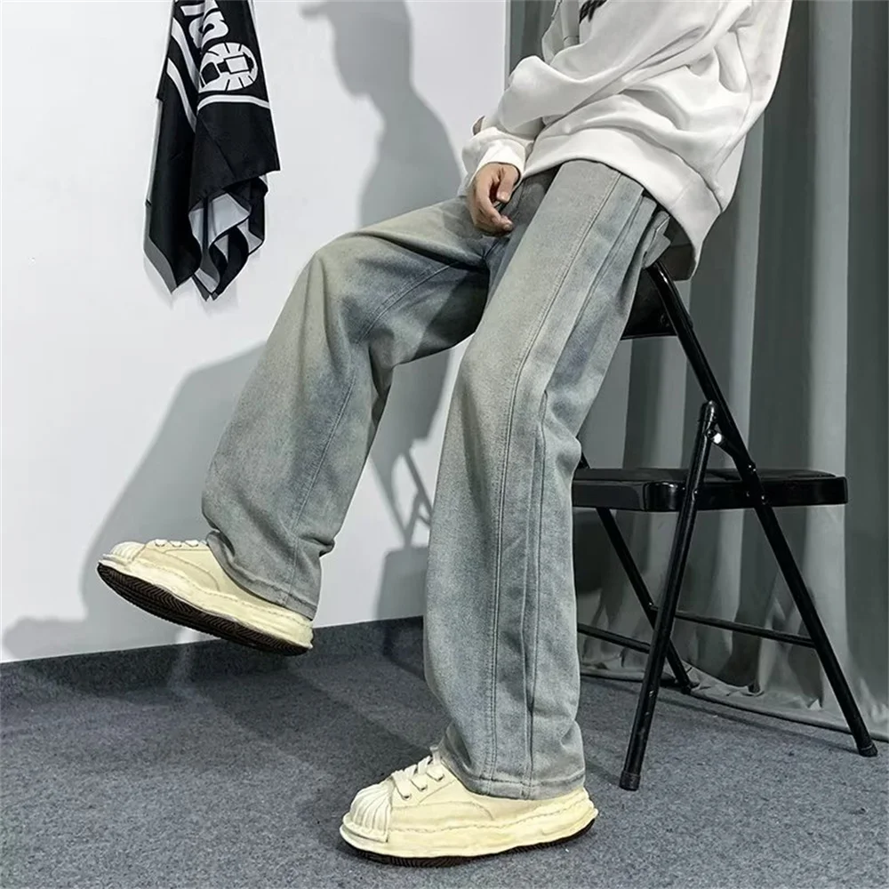 Loose Jeans Mens Floor Dragging Trousers Light Color Straight Tube Washed Retro Made Trendy Brand Youth PANTS Wide Leg