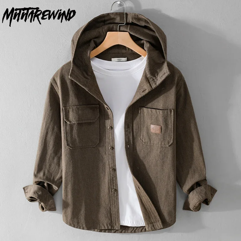 Spring Fall Cotton Mens Long Sleeve Shirt Streetwear Loose Hooded Cargo Shirt Man Double Pocket Casual American Retro Hoodie Men