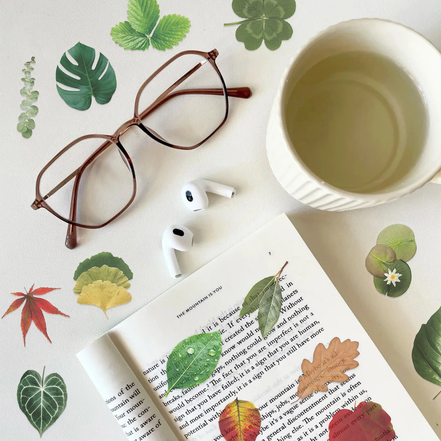 200 Uds. Pegatina de flores y hojas de plantas verdes, pegatinas de regalo estéticas transparentes para mascotas para teléfono, álbum de recortes, maleta de guitarra