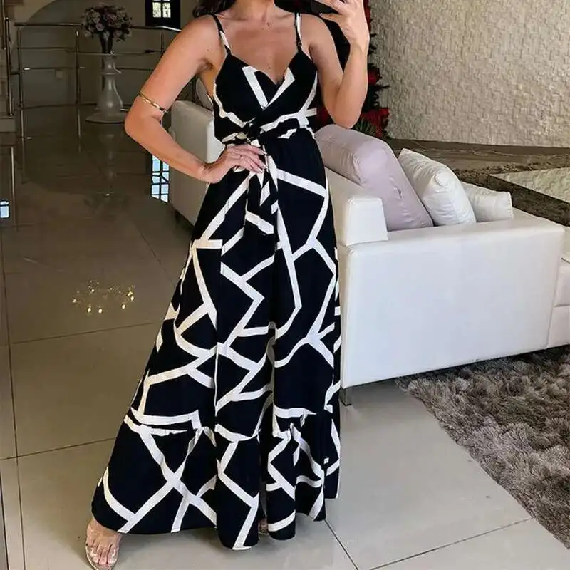 Fd1595 2025 ربيع جديد المرأة المألوف مثير مطبوعة أكمام حزام منتصف طول اللباس