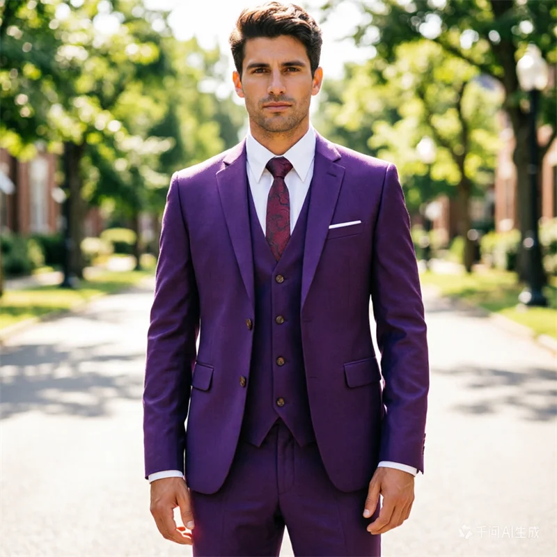 

Мужской фиолетовый костюм-тройка 2026: пиджак, жилет и брюки. Облегающий крой для свадьбы, вечеринки, офиса. Европейские размеры XXXS-XXL.