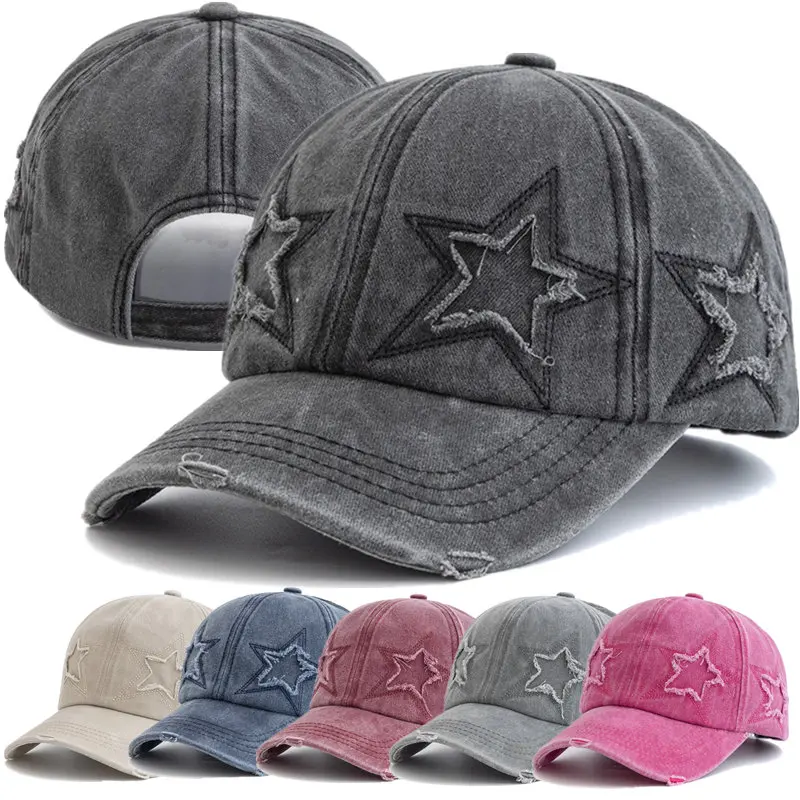 New Women's Five Pointed Star Design Washed Cotton Baseball Cap Fashion Street Dad Hat