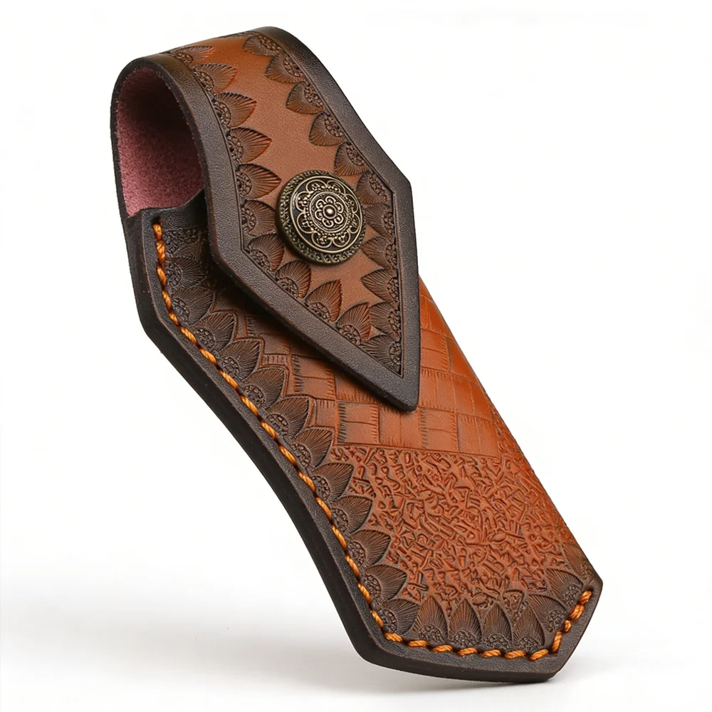 Outdoor Camping Split Genuine Leather Carved Knife Sheath for Folding Knife Fruit Knife Portable Protective Holster
