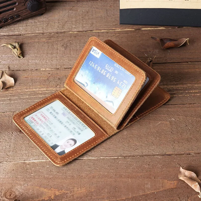 Crazy Horse Leather Mens First Layer Cowhide Credit Card Holder Wallet Short Drivers License 5 Transparent Windows ID Card Cases