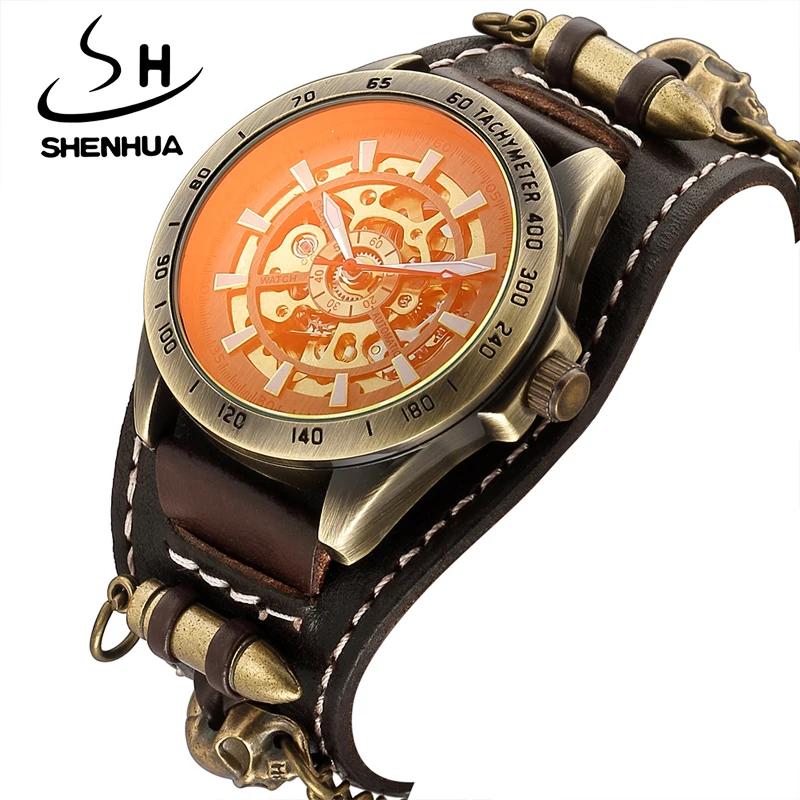 

SHENHUA Vintage Bronze Steampunk Men Watch Skeleton Automatic Mechanical Male Clock Luxury Red Glass Sport Military Wristwatch