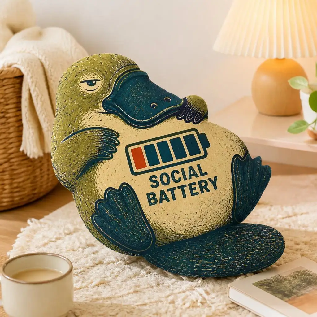 Social Battery Platypus Pillow Introvert Humor Cushion Funny Throw Pillow Stuffed Shaped Home Decor Gift for Quiet People