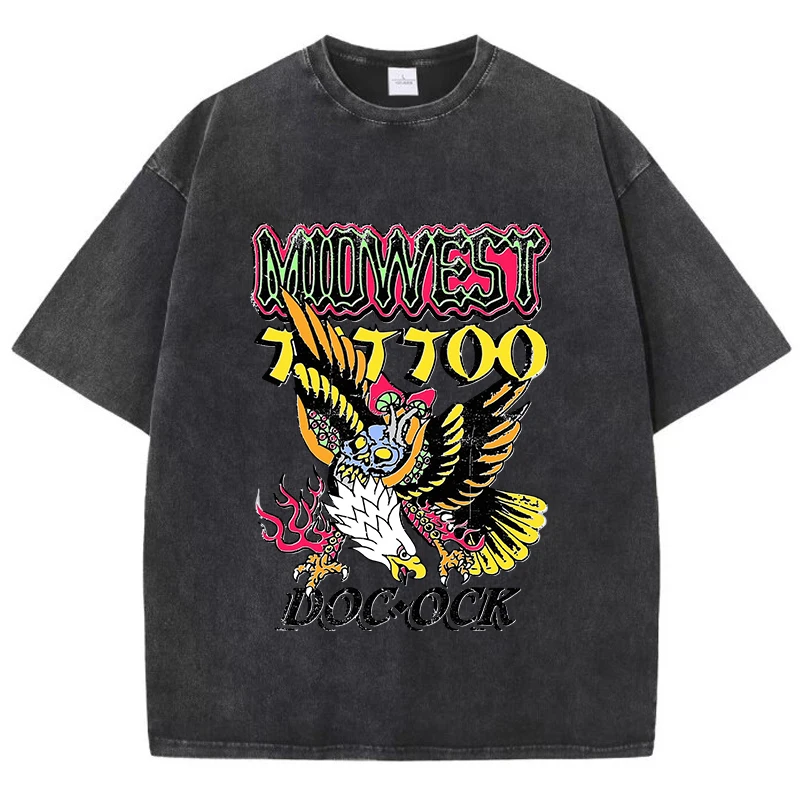 Fashion Woman Washed T-Shirts Midwest Eagle Print Short Sleeve Cotton Distressed Oversized Crewneck Tops Street Female Clothes