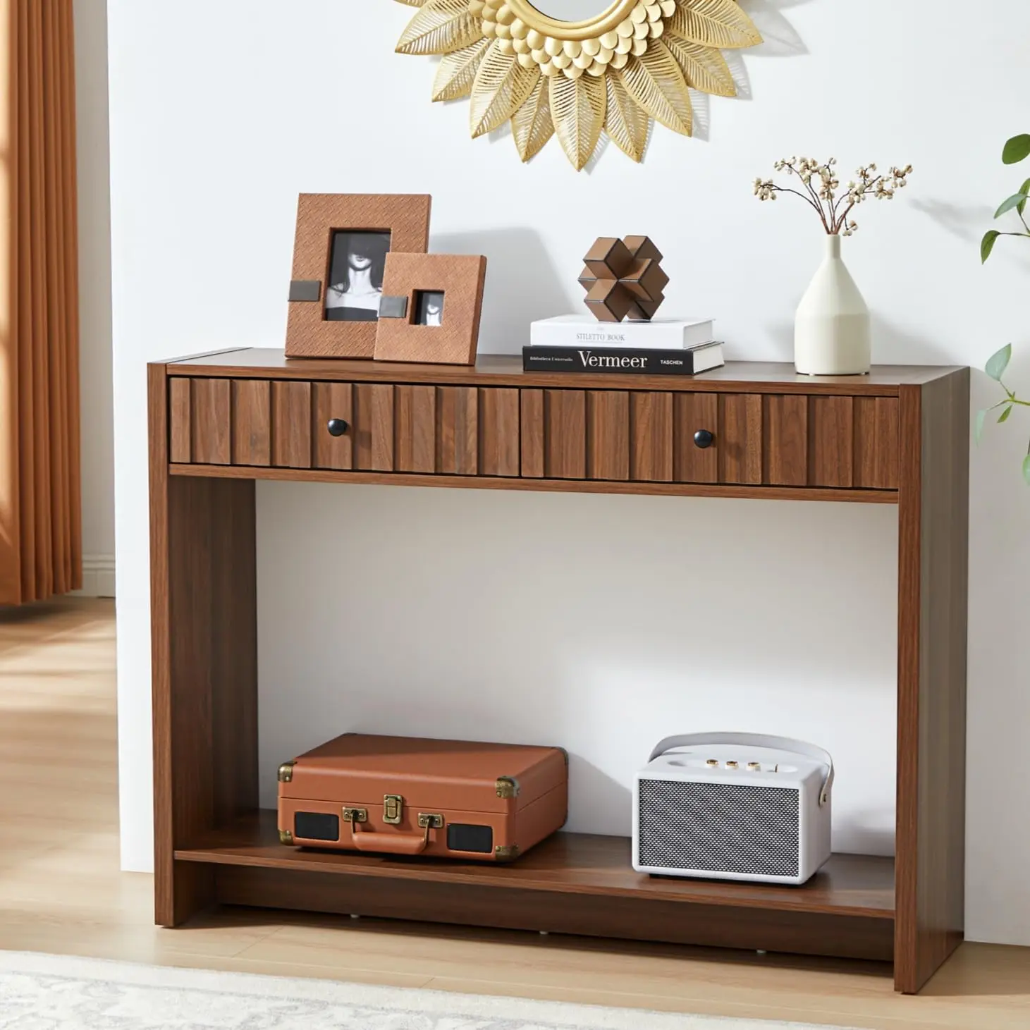 

Fluted Drawer Entryway Console Table Mid Century Storage 43in Long Narrow Behind Sofa Living Room Hallway Walnut, Customized