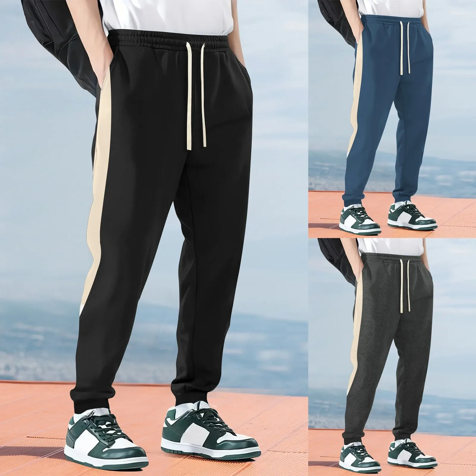 Wiosenne męskie bluzy spodnie do joggingu męskie Slim Fit stylowe spodnie na co dzień kolorowe bloki kieszenie spodnie sportowe ze sznurkiem spodnie