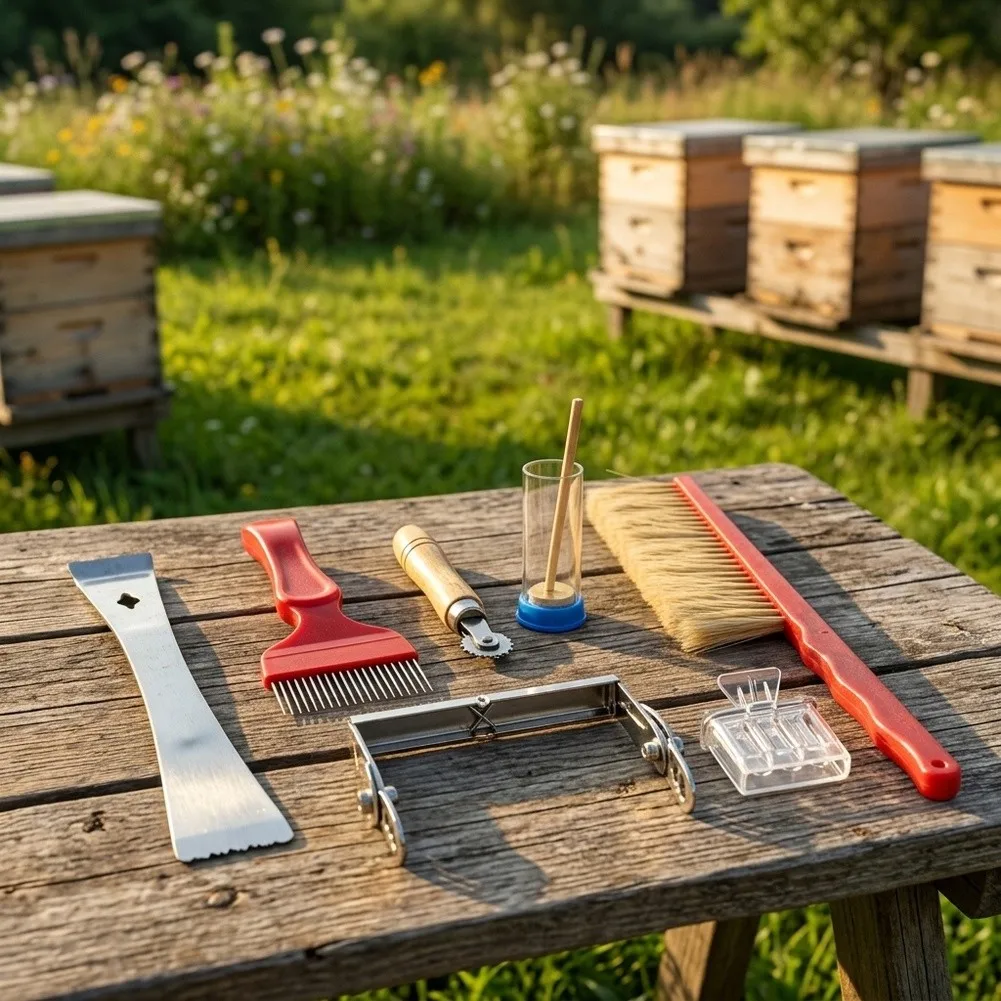 7-Piece For Beekeeping Starter Kit for Hive Maintenance Includes Hive Tool Bee Brush Uncapping Fork Frame Grip Hive Frame Holder