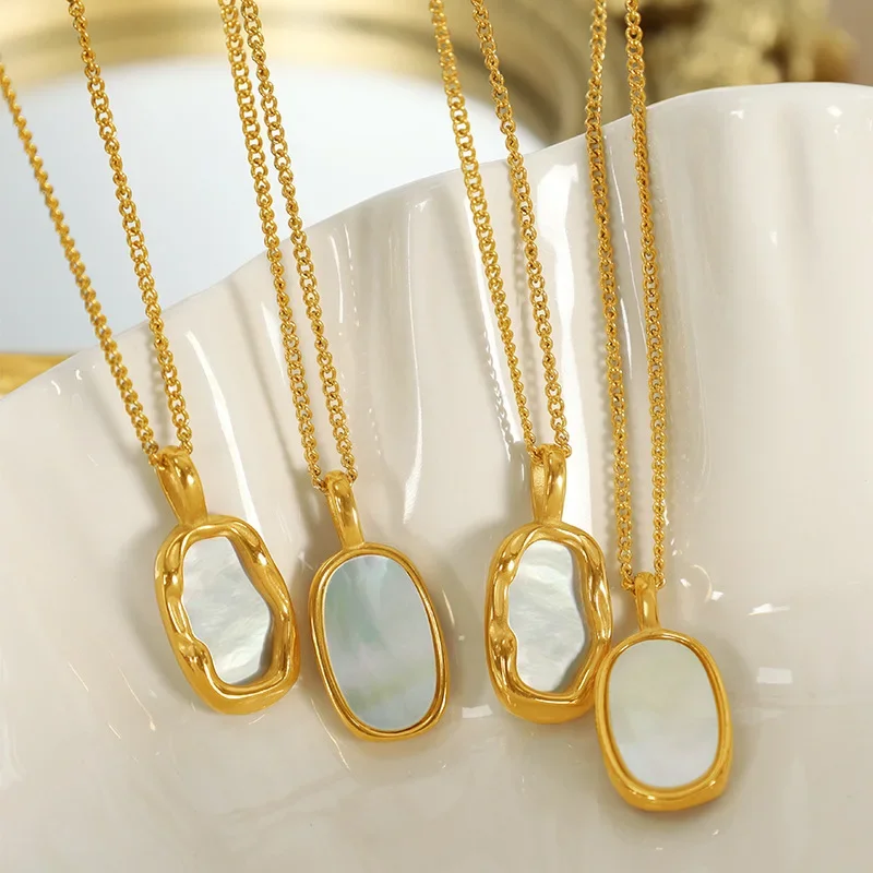 Fashion Double-sided Natural Shell Cast Ellipse Pendant Necklace Gold Color Stainless Steel Chain for Women Waterproof Jewelry