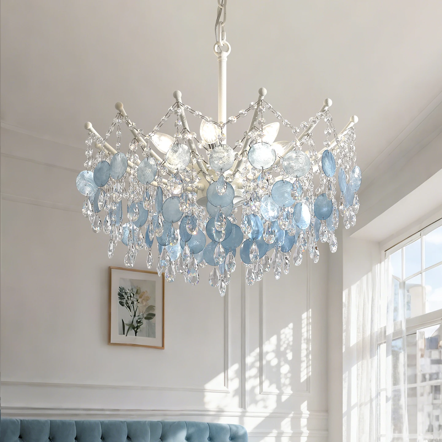

Nordic Romantic Blue Shell Crystal Pendant Bedroom Light Modern Light Luxury High Wedding Bedroom Light Lustre Ceiling