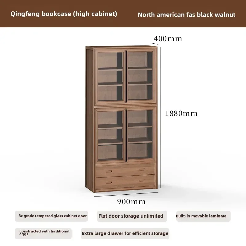 Nueva estantería china de nogal negro de madera Pu, armario de madera maciza, vitrina de pared entera de vidrio