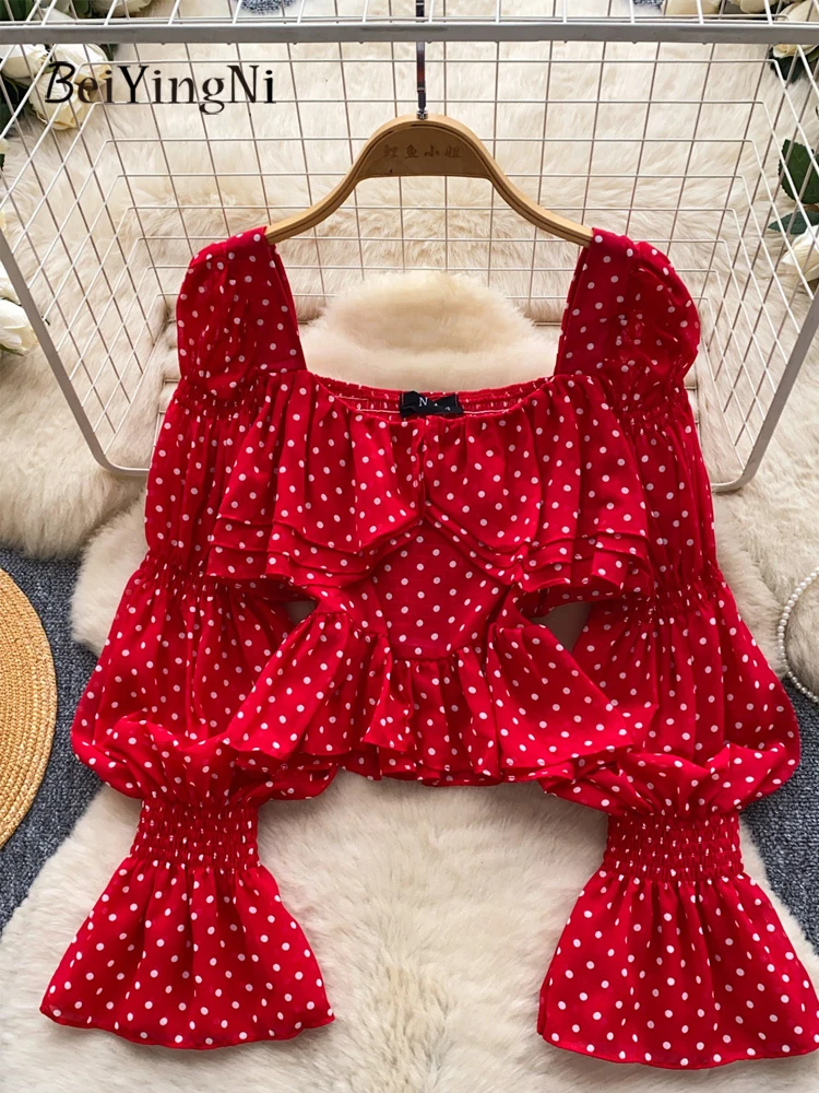Beiyingni French Romance Style Blouses for Women Dots Printed Puff Sleeve Chiffon Female Shirts Ruffles Temperament Red OL Tops