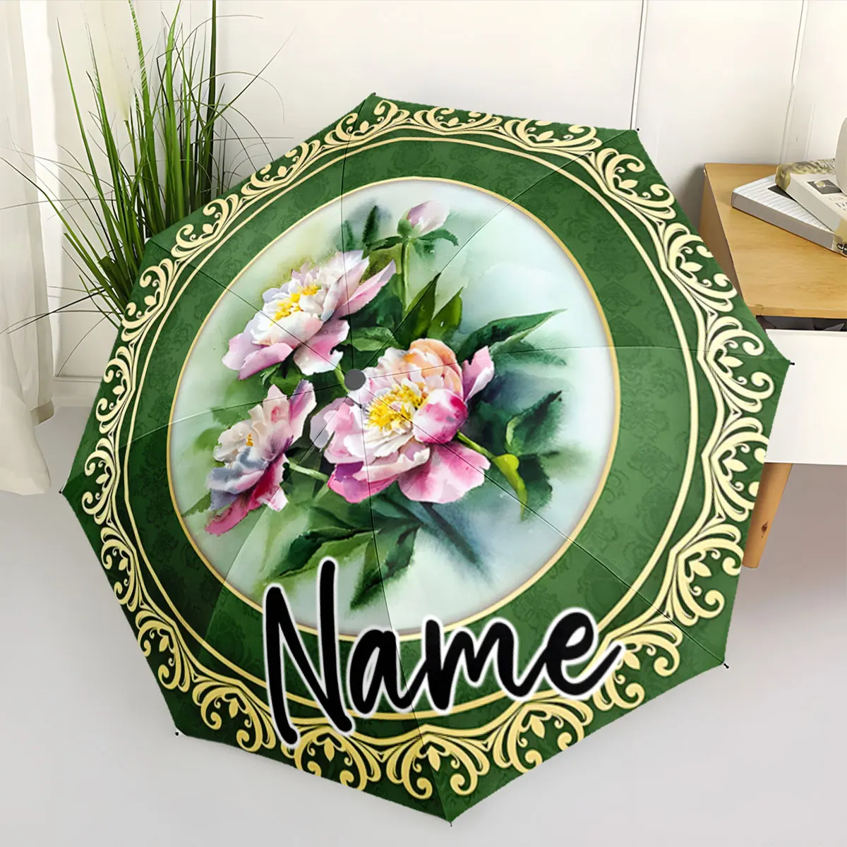 Custom Name Elegant Floral Design Umbrella with a Green Border Print 8 Iron Ribs Folding Umbrella Auto-Open Fashion Sunshade