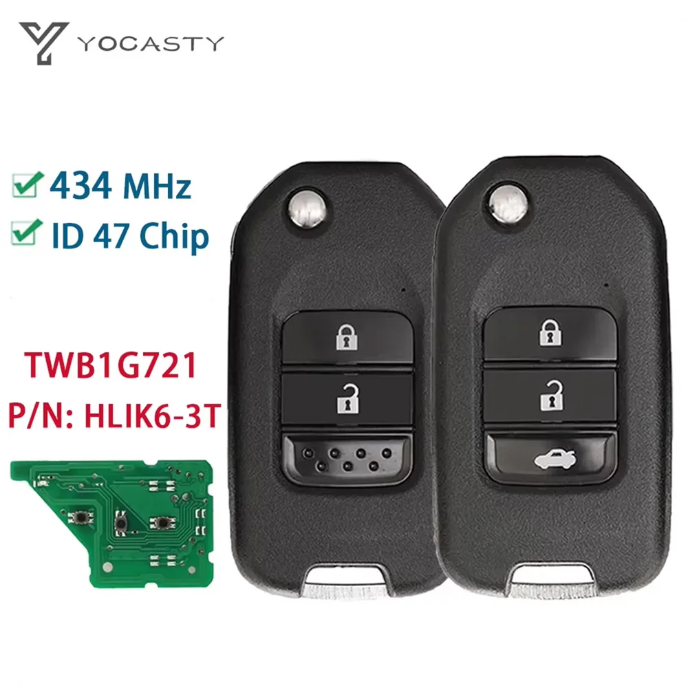 

YOCASTY Flip Remote Control Key 433Mhz ID47 Chip For Honda Accord Civic City CRV Jazz XR-V Vezel HR-V FRV HLIK6-3T TWB1G721