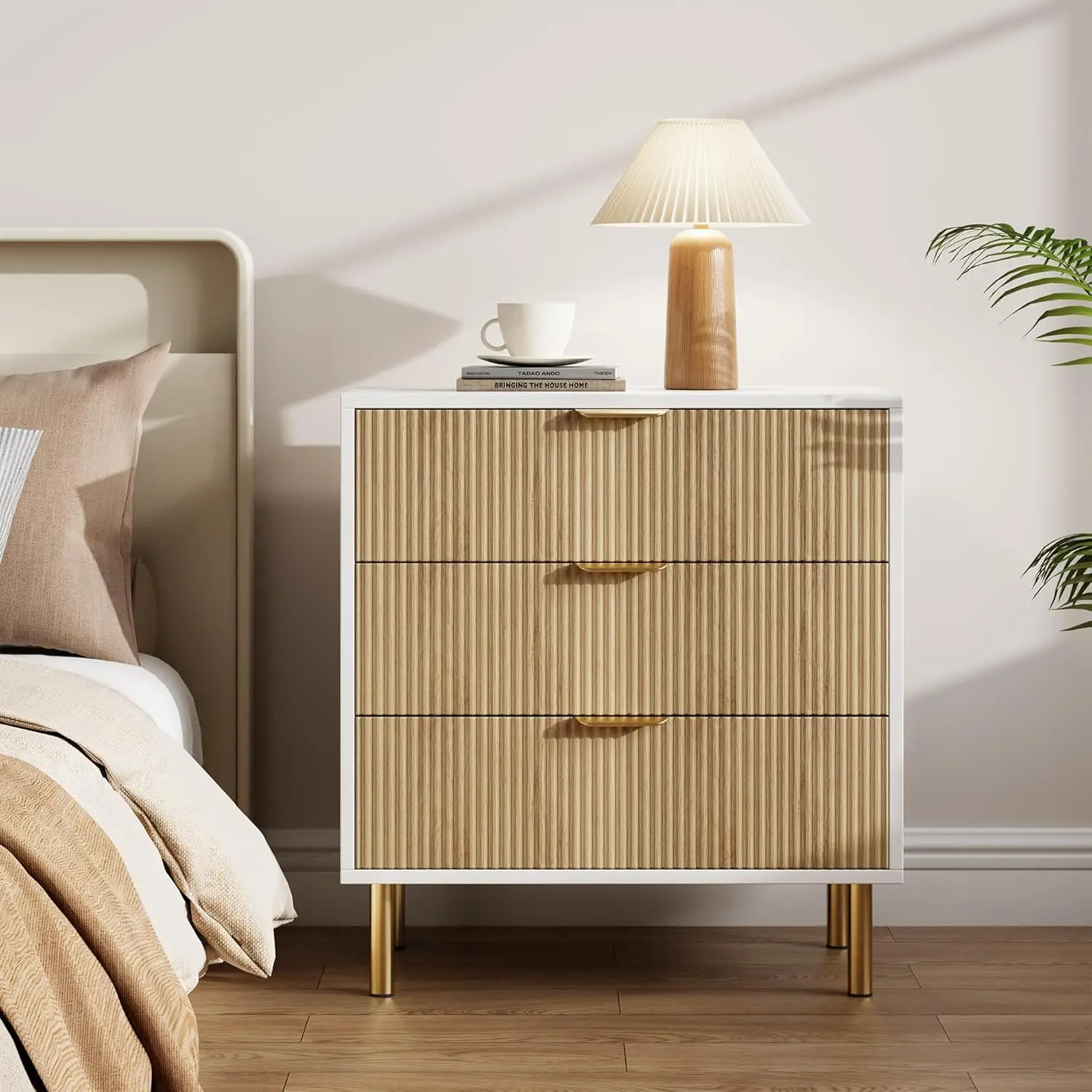 3 Drawer Dresser for Bedroom, 28"W Wood Chest of Drawers with Gold Handles, Small Dresser Nightstand, Clothes Storage Organizer for Entryway Bedroom