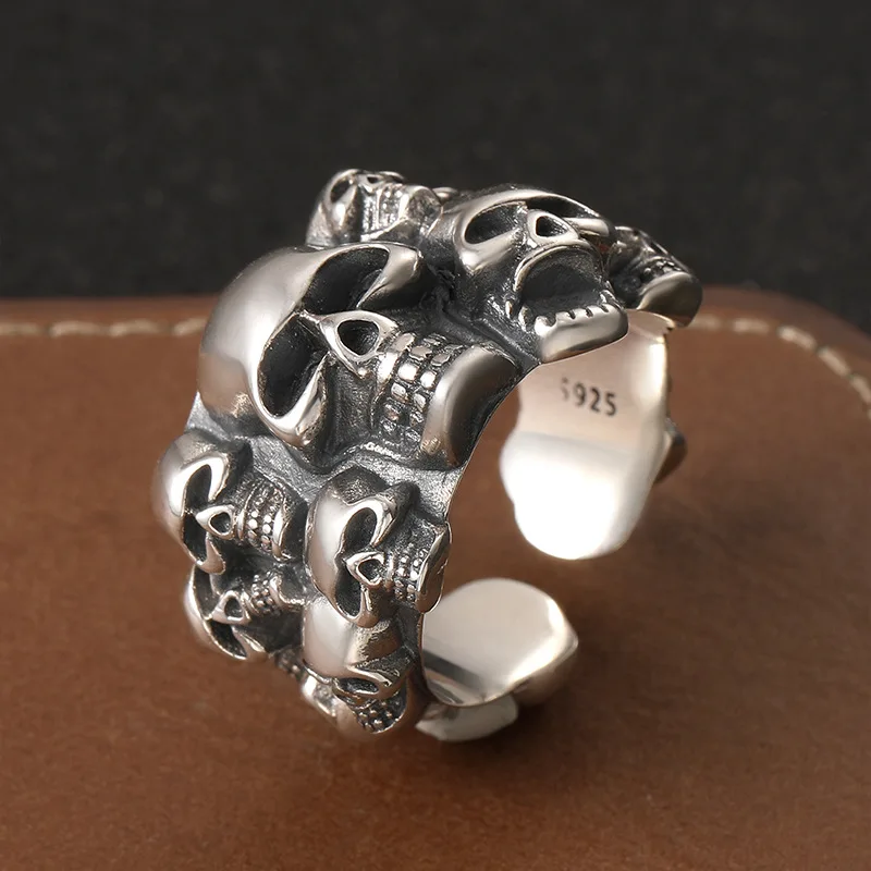 S925 sterling silver ring skull, street trendy hip-hop style three-dimensional skull  Design letter opening adjustable