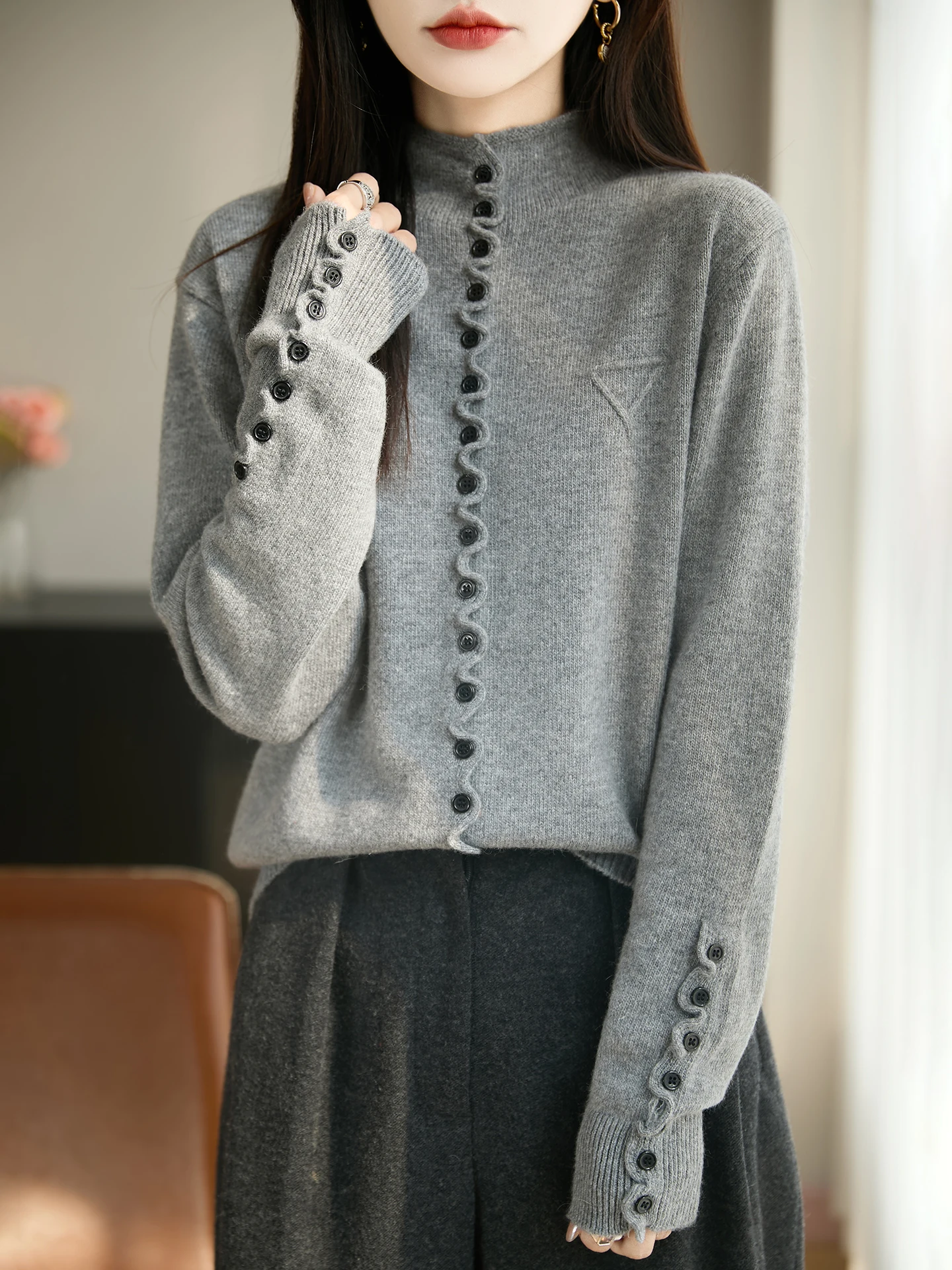 قاعدة محبوكة للنساء لخريف وشتاء f بياقة عالية وزر خشبي للدفء طويل Sve لون مناسب عادي #2