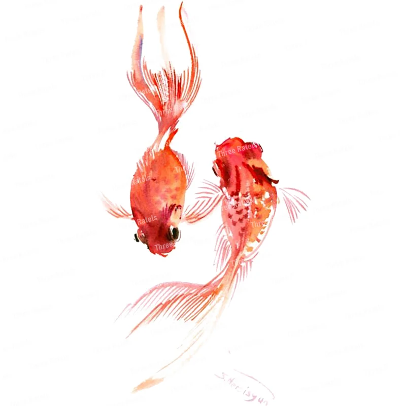 Three Ratels QL29 Hand-painted ink goldfish casual pastoral style art wall sticker waterproof toilet sticker