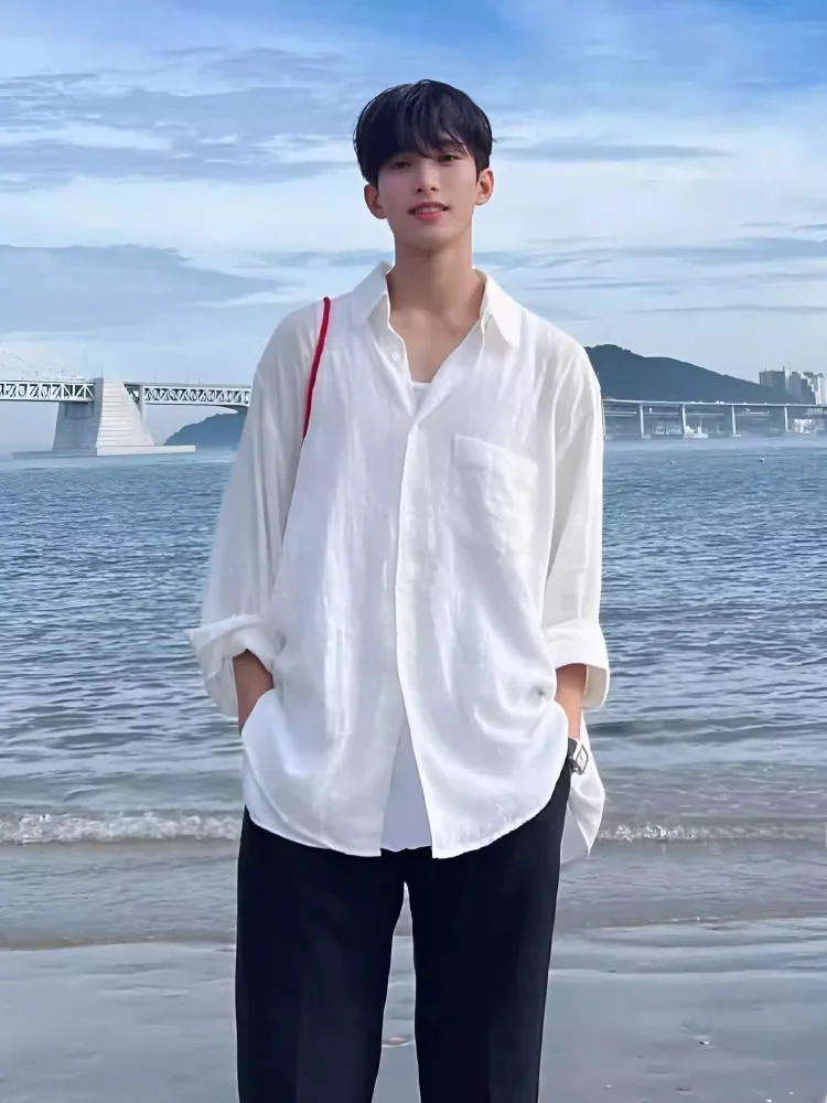 

White Linen Men's irt Breathable Summer Thin Sun Protection Outerwear Lazy Loose Long Sve irt Youth Faion Beachwear