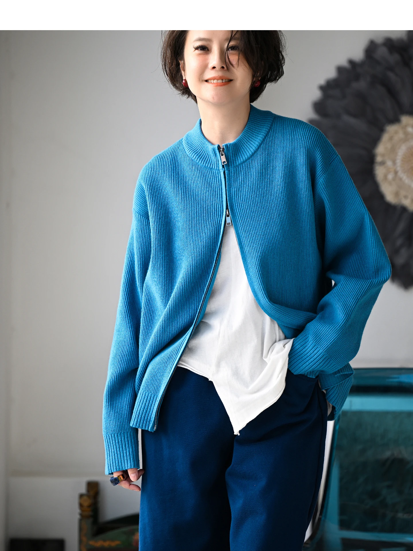 

Casual Loose Long Sve round Ne Double Zipper Color Sweater Women's Open Cardigan Knitted Warm Spring Autumn Faion