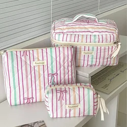 Personality Stripe Bowknot Women Cosmetic Bag Portable Simple Quilting Bag Pouch Travel Large Capacity Makeup Storage Handbag