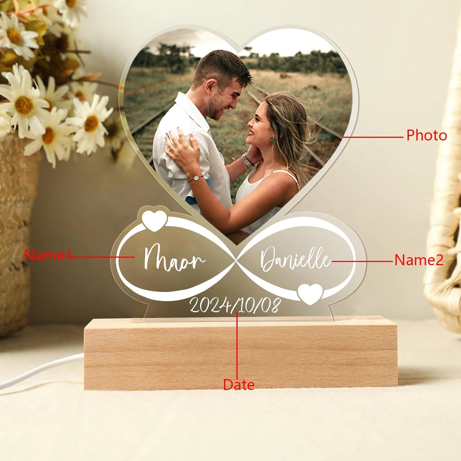 Personalized Photo Frame with Night Light, Customized Picture Frame, Personalized Anniversary Couple Gifts for Women Girlfriend