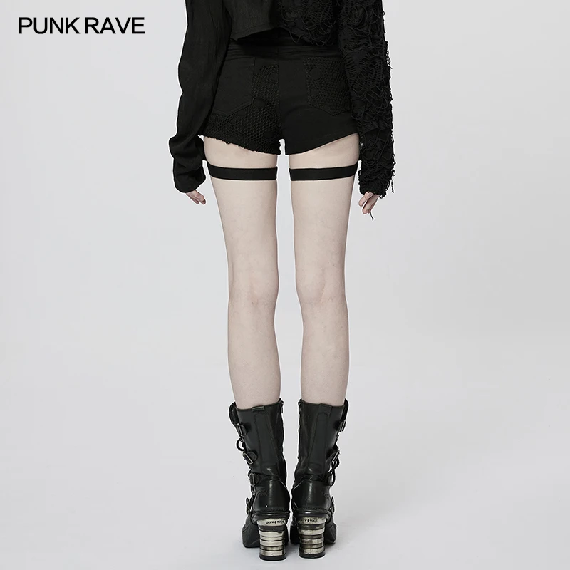 PUNK RAVE Women Punk Black Tight Shorts Fishnet Patch Rivet Hardware Strap Gothic Skinny Hot Pants WK545