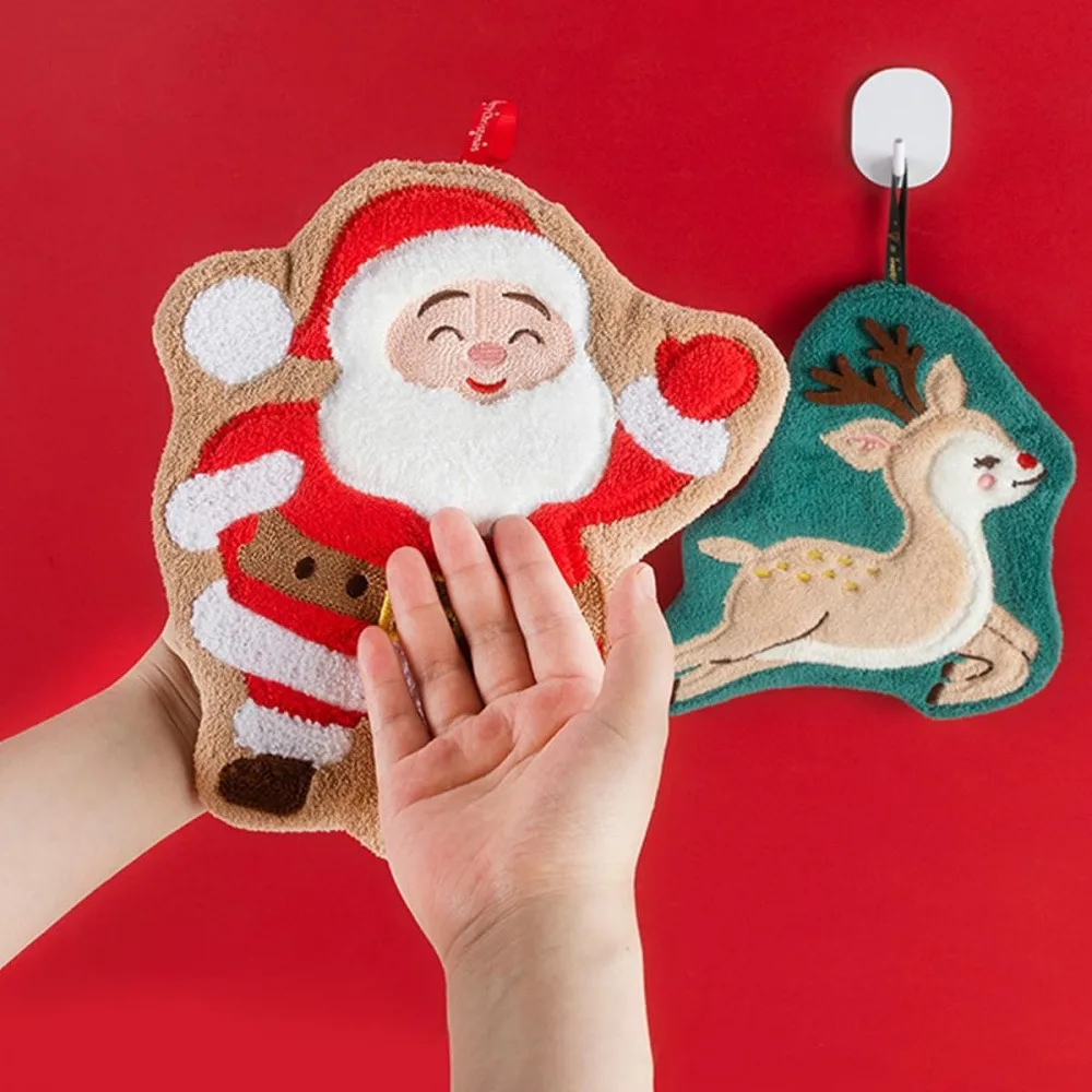 Christmas Shaped Hanging Hand Towels, Coral Fleece Quick Dry Hand Drying Towel, Cute Xmas Snowman Tree Bell Decor Towel for Bathroom Kitchen Home Decor, Random Style