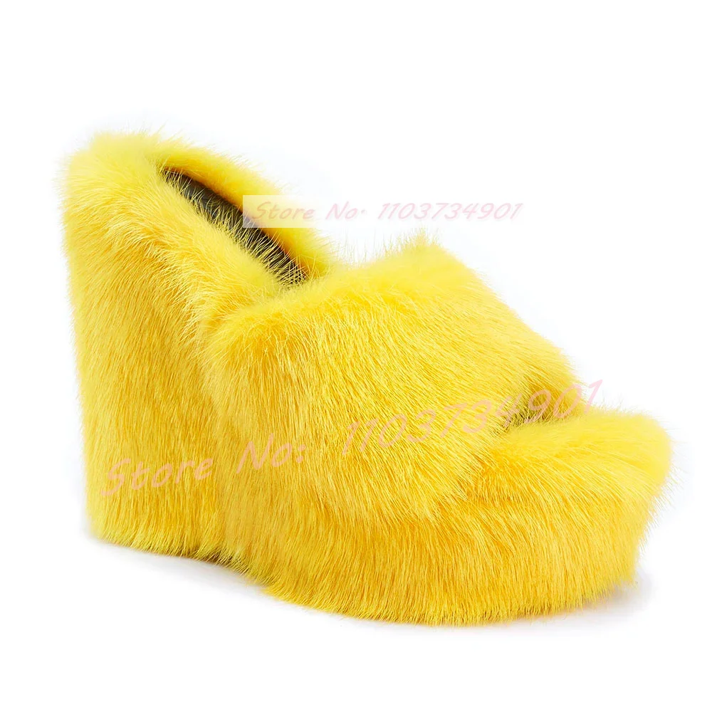 Pink Fluffy Platform Wedges Mules Lady Elegant Furry Round Toe High Heel Shoes Female Fashion Sexy Party Open Toe Solid Slippers