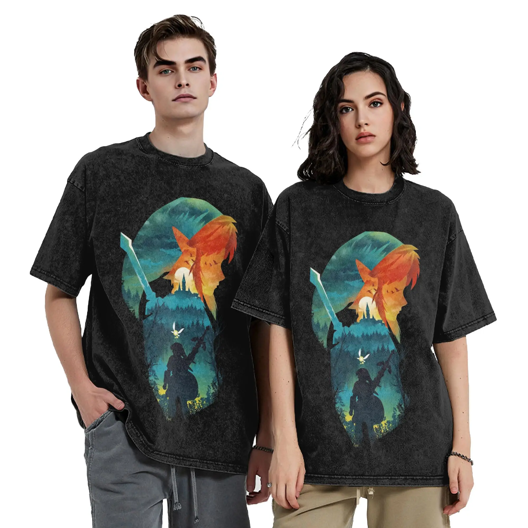 Zeldas Legend Link Washed T Shirt Streetwear Fashion T-Shirts Game Anime Tee Shirt for Men Women Short Sleeve Street Summer