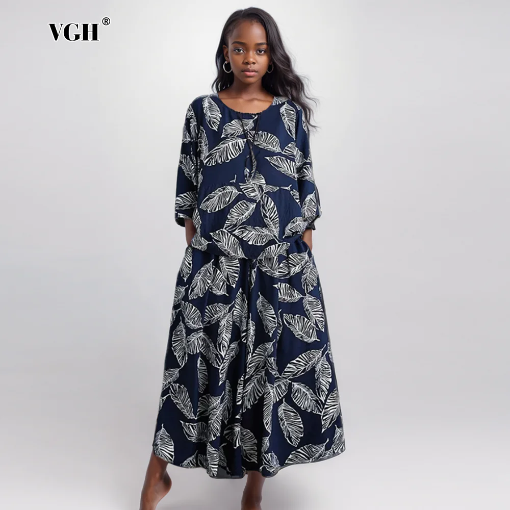 

VGH Hit Color Printing Two Piece Sets For Women Round Neck Half Sleeve Tops High Waist Wide Leg Pants Casaul Loose Set Female