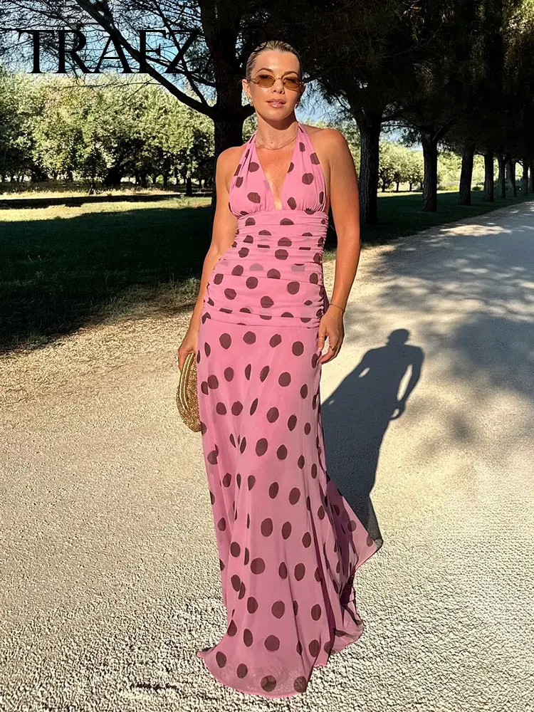 TRAFZA Summer Party Fashion Midi Dress Polka Dot Printed Sleeveless Halter Neck Strap Pleated Backless Female Sexy Dresses