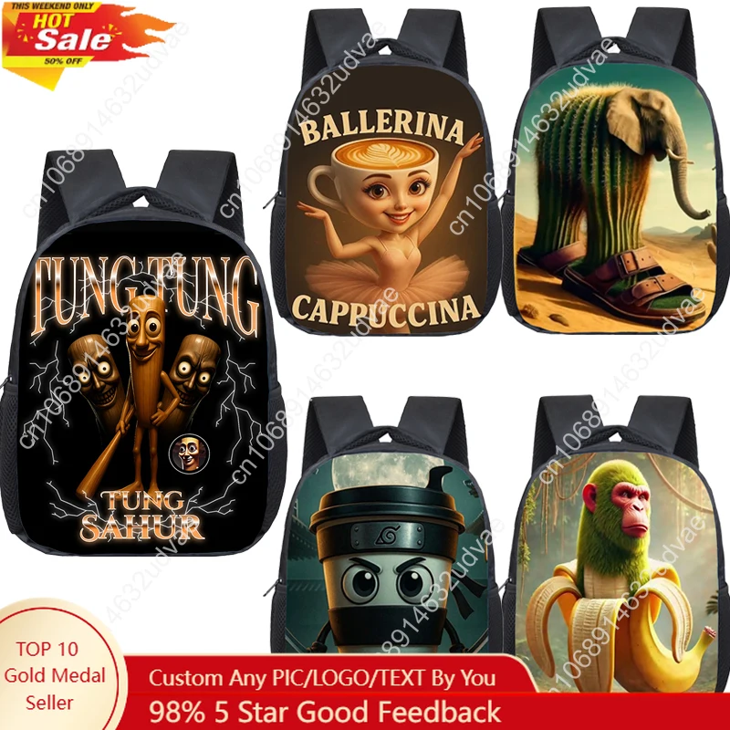 

12inch Funny Italian Brainrot Children Backpack Tung Tung Tung Sahur School Bags for Boys Girl Kindergarten Bookbag Kids Mochila