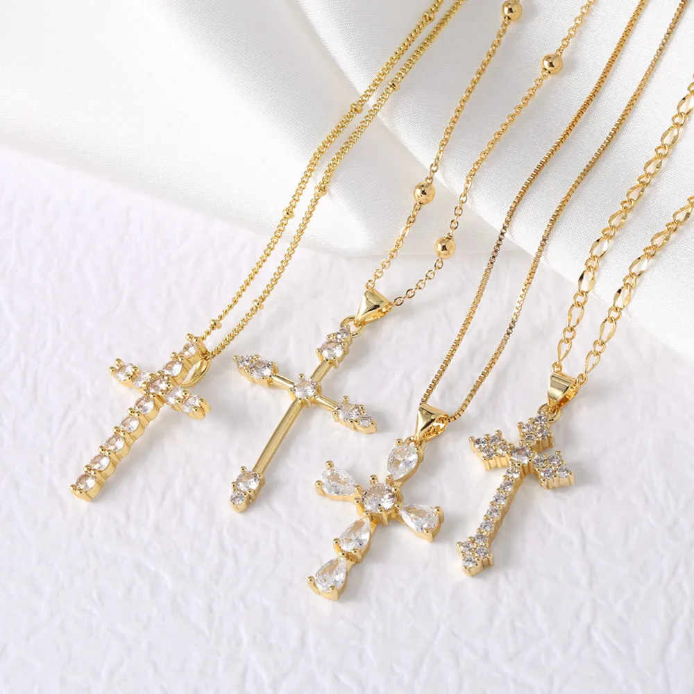 New Design 18K Gold Plated Cross Pendant Necklace Religous Zirconia Brass Jewelry