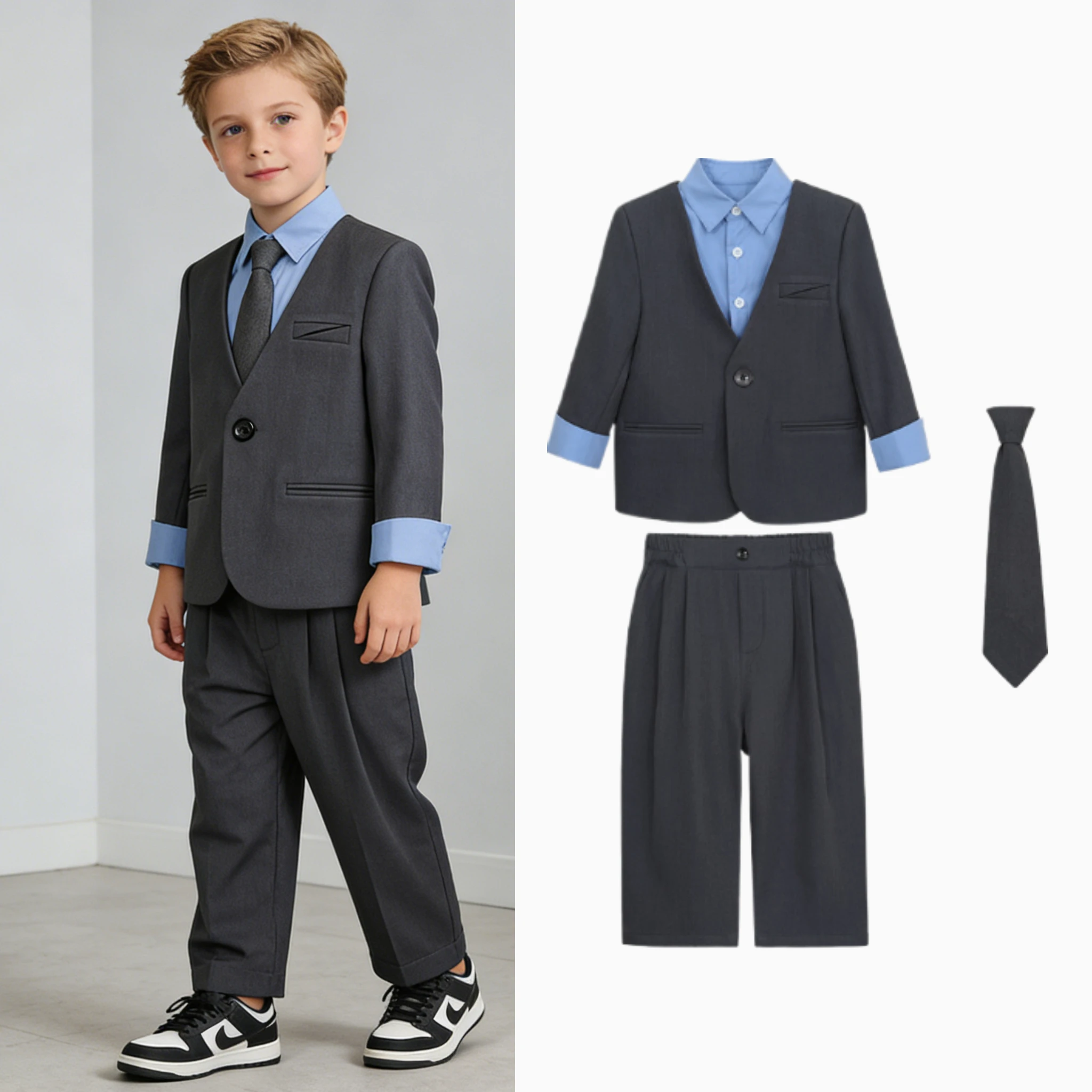 

Kids Boys Formal Suit 3 Piece Jacket Wide Leg Pants Tie Children Gentleman Outfit for Wedding Birthday Party Performance Set 8 Y