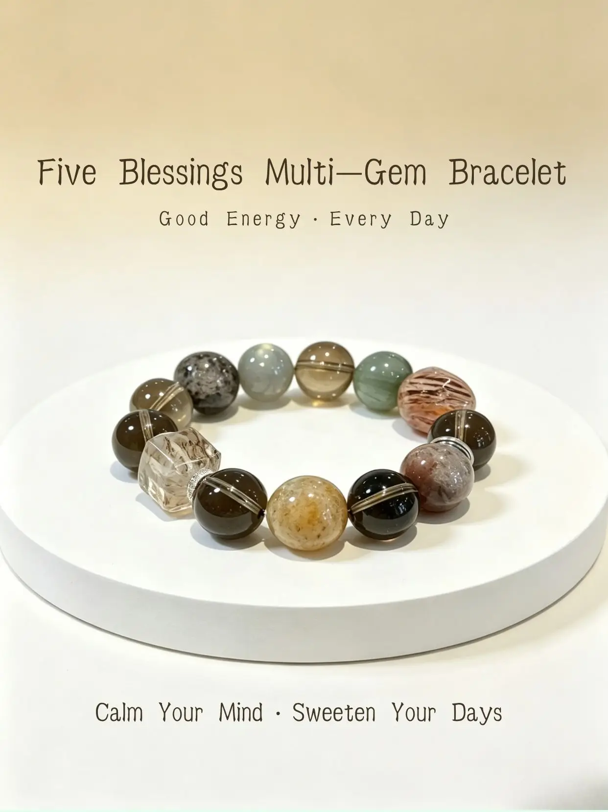 

Healing Crystal Women Natural Five Blessings Multi-Gemstone Bracelet Green Rutilated Smoky Quartz Grey Moonstone Energy Jewelry