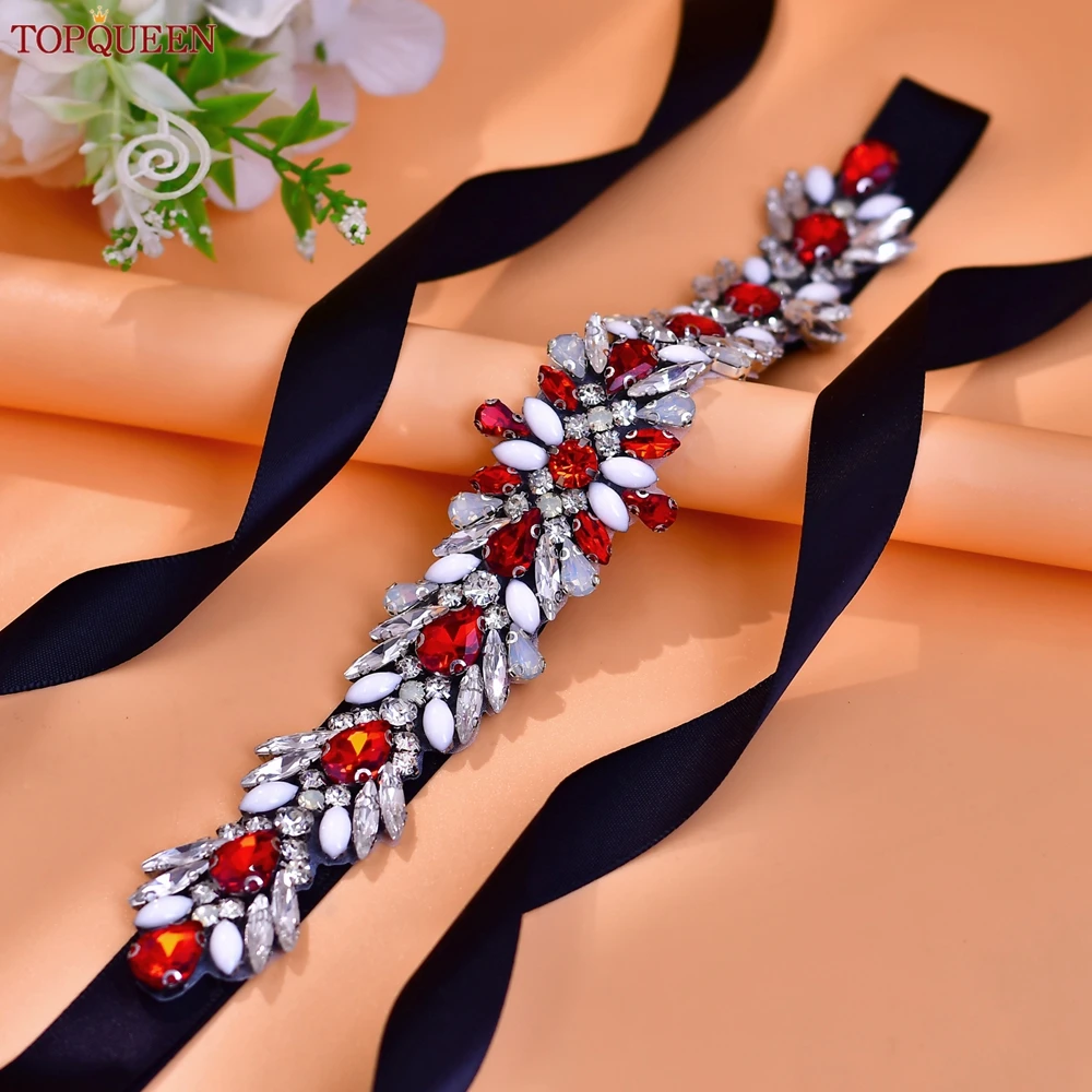 TOPQUEEN Women's Crystal Diamond Bridal Belt Wedding Sash Stage Dress Waist Decoration Jewelry Bridesmaid Belt Gift S476-Red