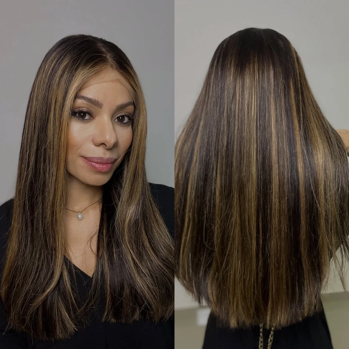 

Fashion Dark Brown Medium Length Middle Parting High Quality Wigs Natural Straight Soft Highlights Synthetic Lace Frontal Wigs