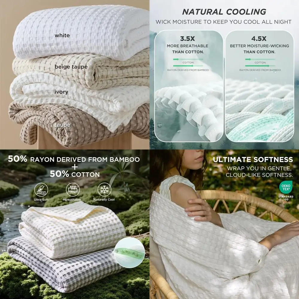 

Luxury Bamboo Rayon Queen Blanket - Lightweight Cotton Throw for Hot Sleepers, Bed, Couch, Sofa, Ivory, 90x90