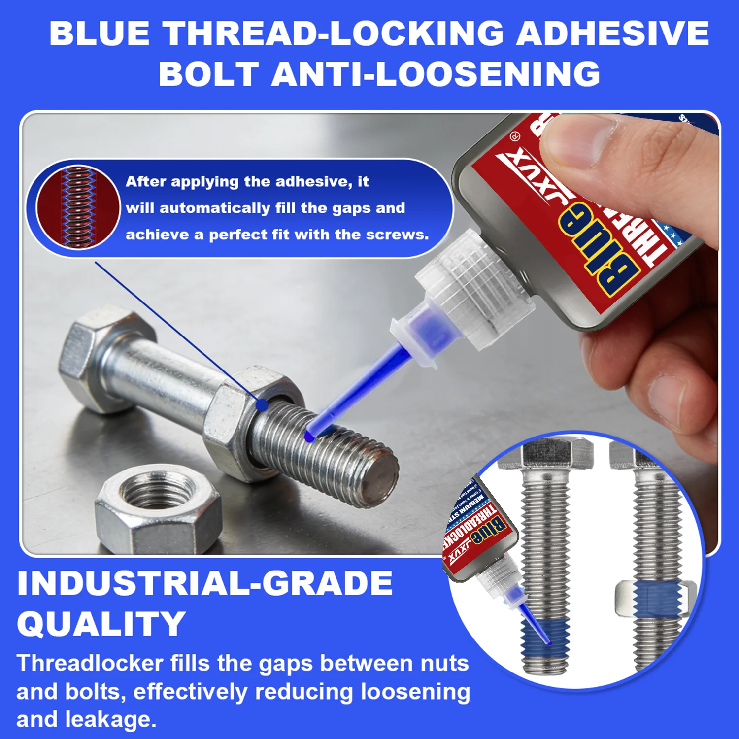 50ml Blue Threadlocker Anaerobic Glue Medium Strength Automotive-grade LockerThread for Metal, Fasteners, Nuts, Bolts to Against Losening Lock Tight Seal Fasteners Curing Corrosion-Resistant Automotive Grade. view 3